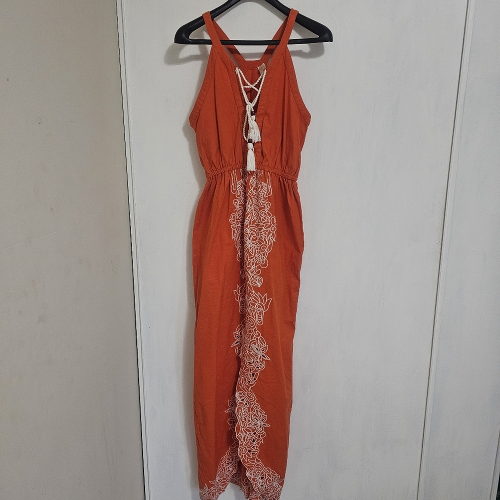 Gorgrous Orange White Embroidery Sundress Spaghetti Strap by Sloane Rouge